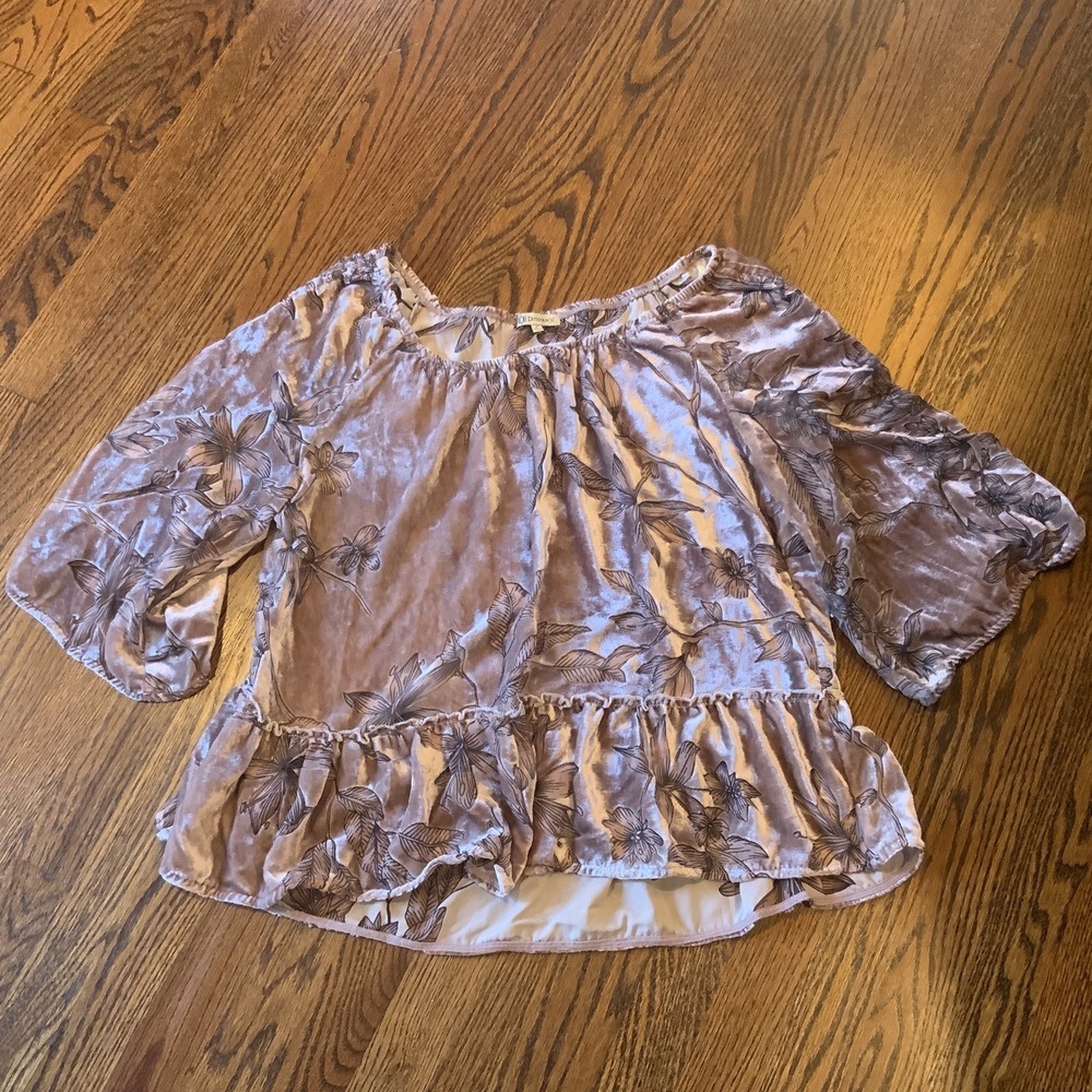 Womens Burnout Velvet Floral Peplum Top Sz L Rose Sheer Whimsigoth Fairy EUC